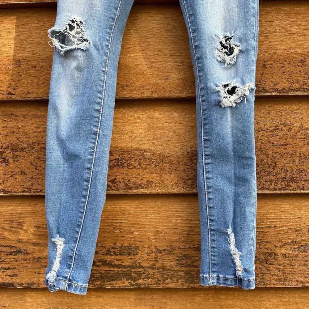Wax Jeans 'Butt I Love you' Distressed Skinny Mid-Rise Denim Medium Blue Wash - Picture 3 of 13